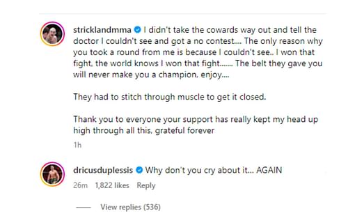 Sean Strickland's comments regarding his eye and du Plessis' response [Image courtesy: @stricklandmma - Instagram]