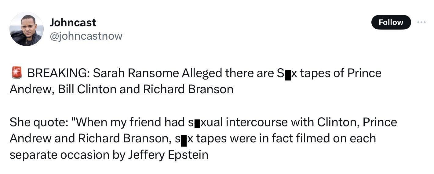 A tweet posted about the alleged s*x tapes (Image via @johncastnow/X)