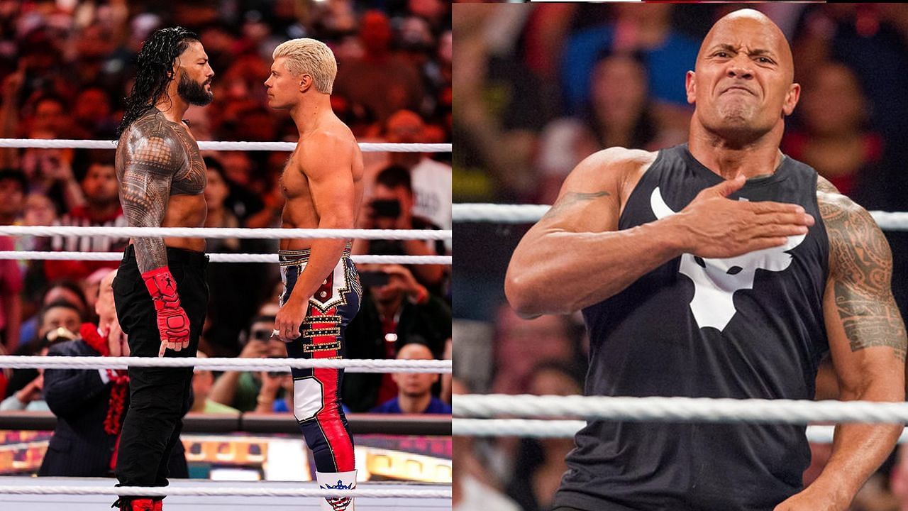 Roman Reigns and Cody Rhodes (left); The Rock (right)