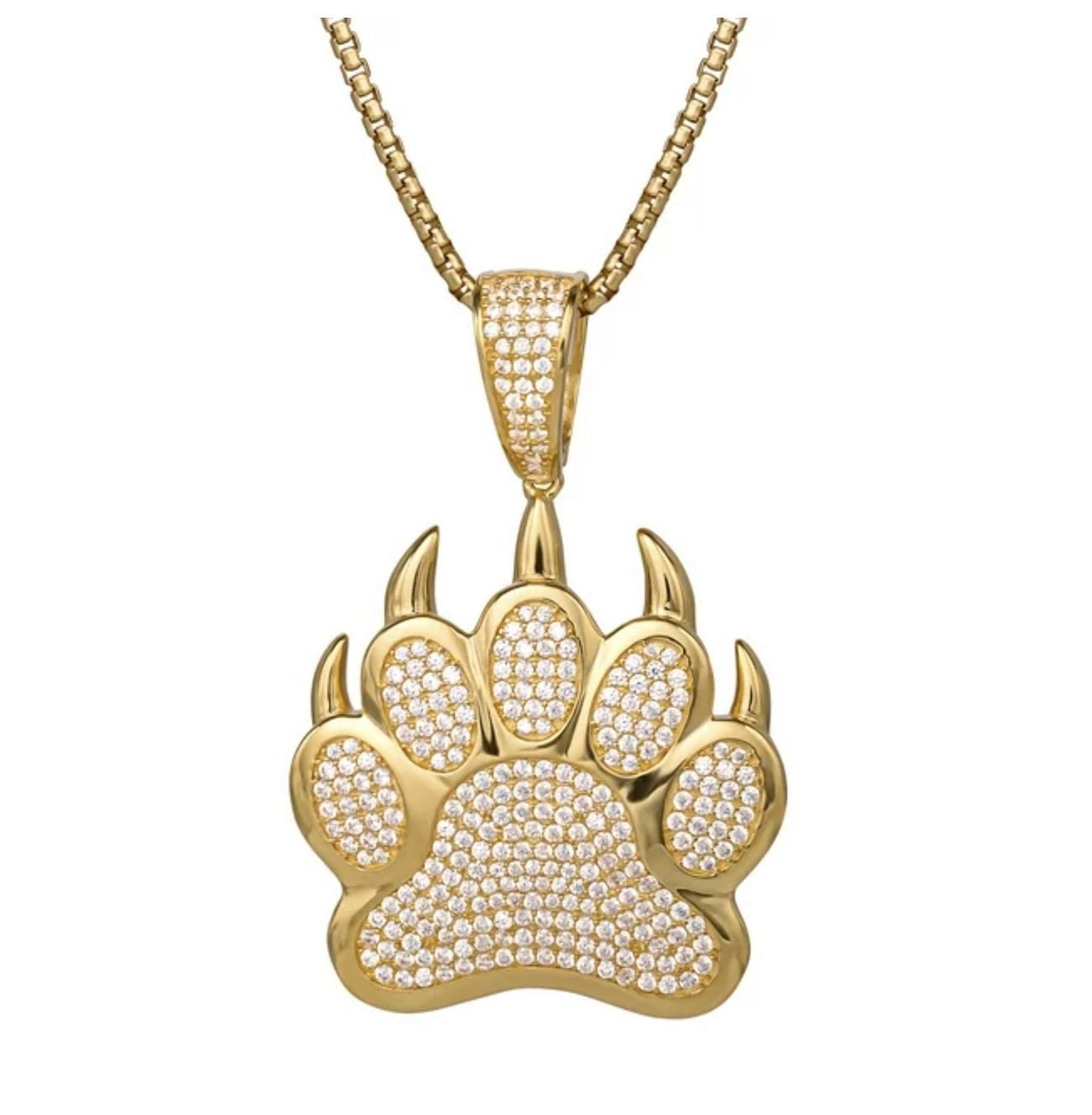 Men&#039;s Simulated Diamond Yellow Gold Plated Sterling Silver Paw Necklace