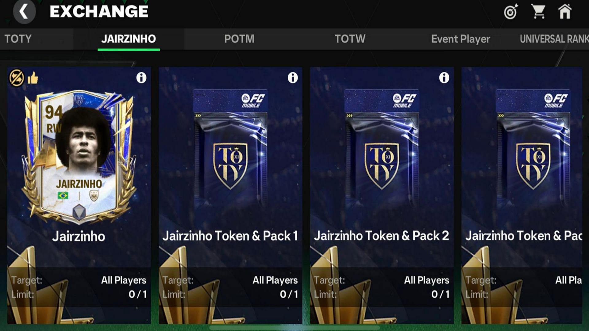 Snippet showing requirements of Jairzinho&#039;s exchange in FC Mobile TOTY promo (Image via EA Sports)