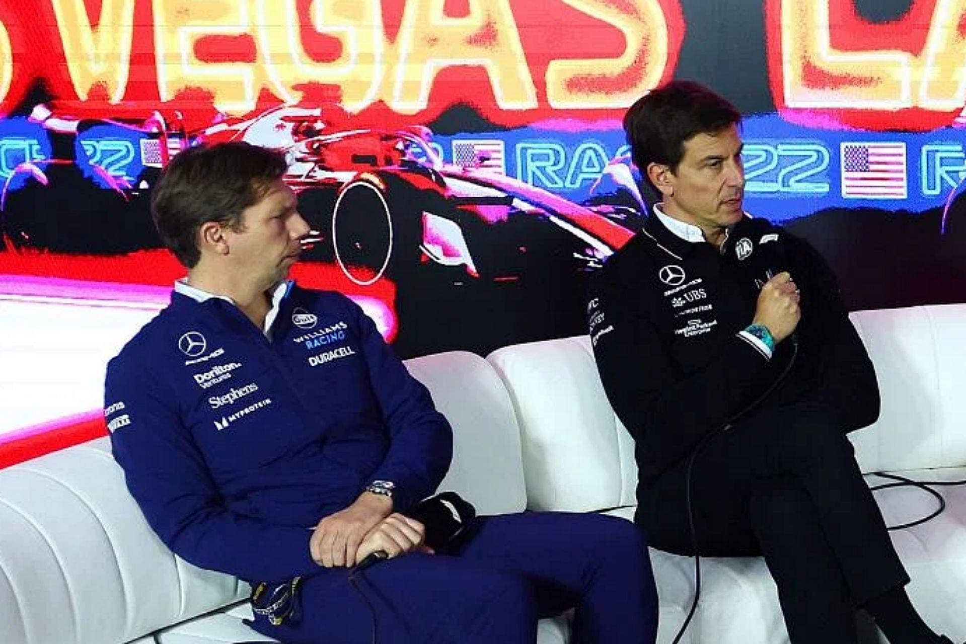 James Vowles and Toto Wolff ahead of the 2023 F1 Las Vegas Grand Prix. (Photo by Dan Istitene/Getty Images)