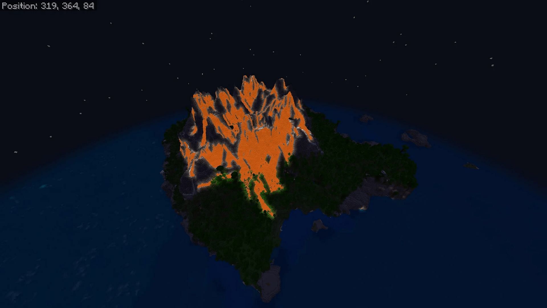 Minecraft fans can create an eye-popping volcano with the right lava bucket placement in this seed (Image via Fragrant_Result_186/Reddit)
