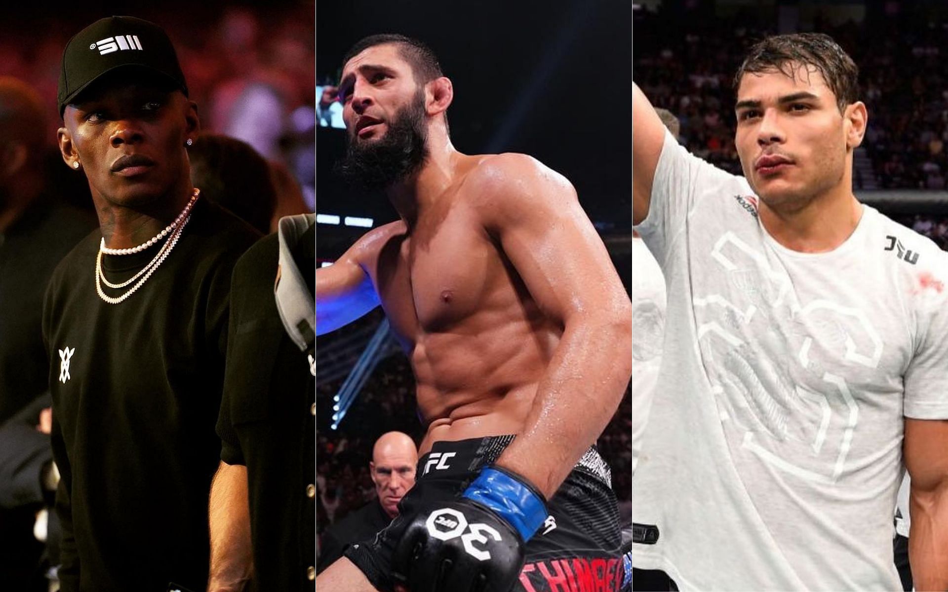 Israel Adesanya (left) andPaulo Costa (right) wiehg in on Khamzat Chimaev (middle)