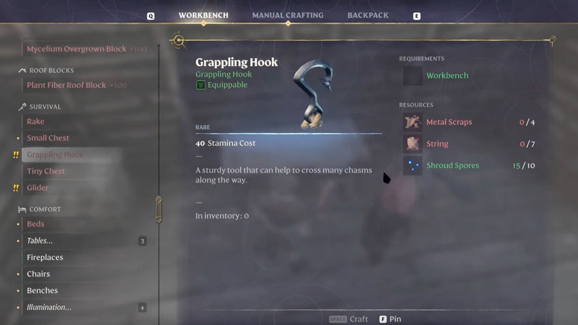 Craft Grappling Hook in Enshrouded (Image via YouTube/GhostArrow)