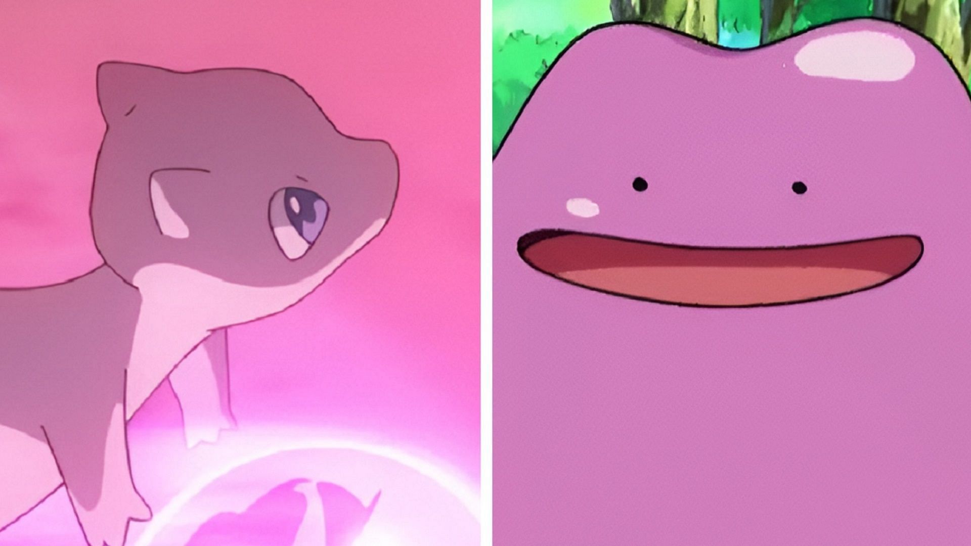 Mew and Ditto as they appear in the Pokemon anime.