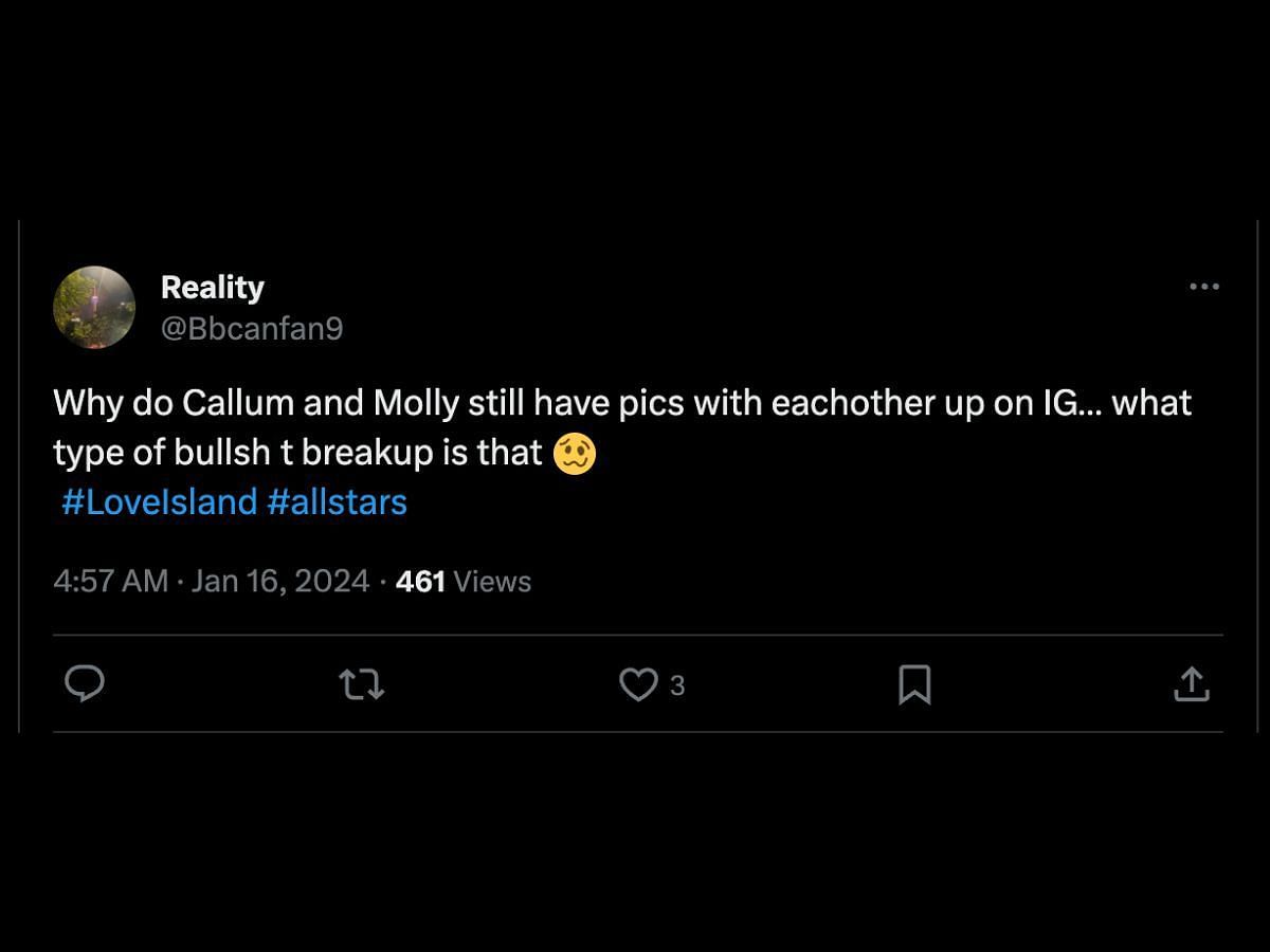 Fans react to Callum and Molly in Love Island: All stars (Image via Twitter/@Bbcanfan9)