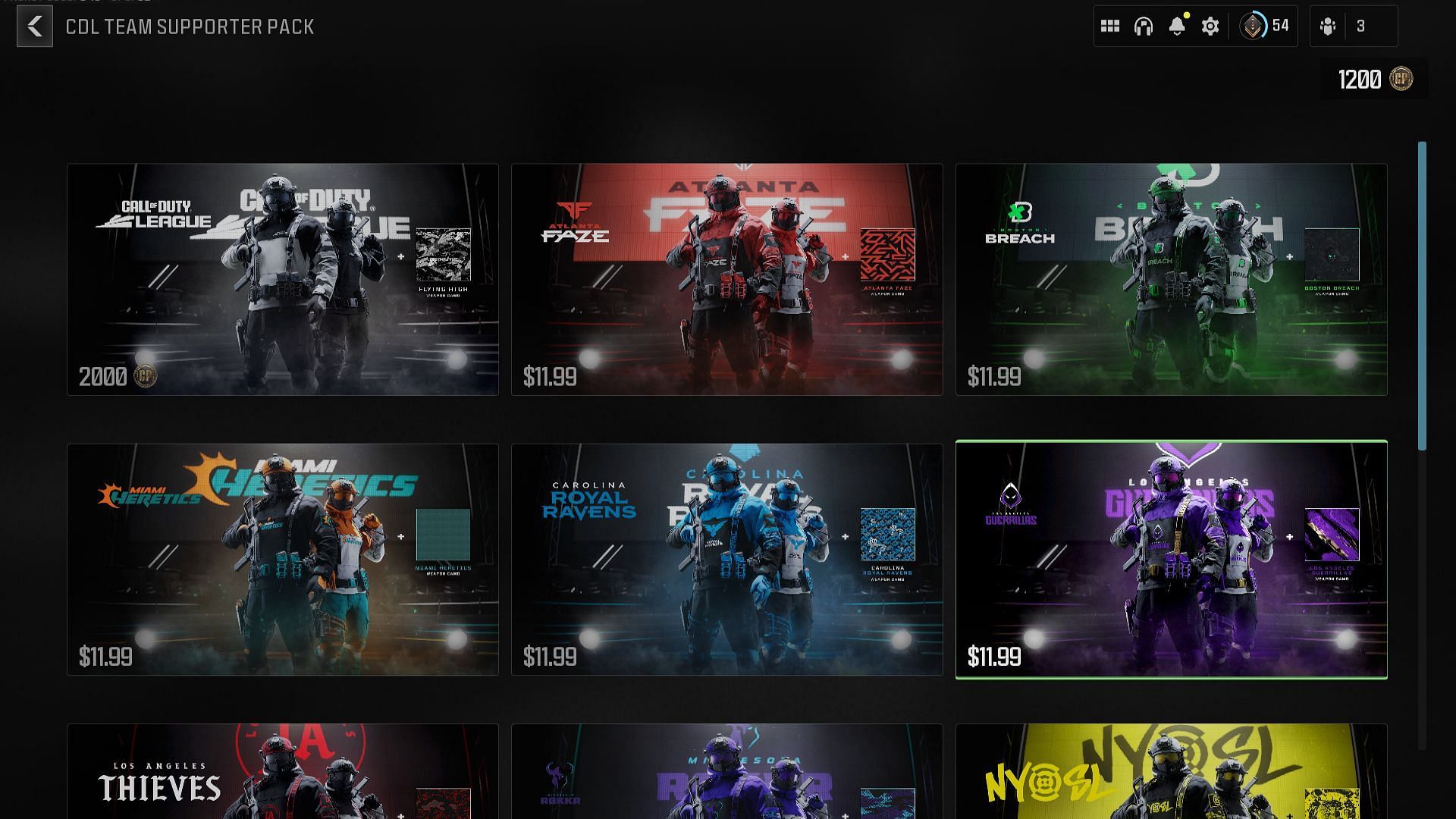 CDL team pack list in-game (Image via Activision)