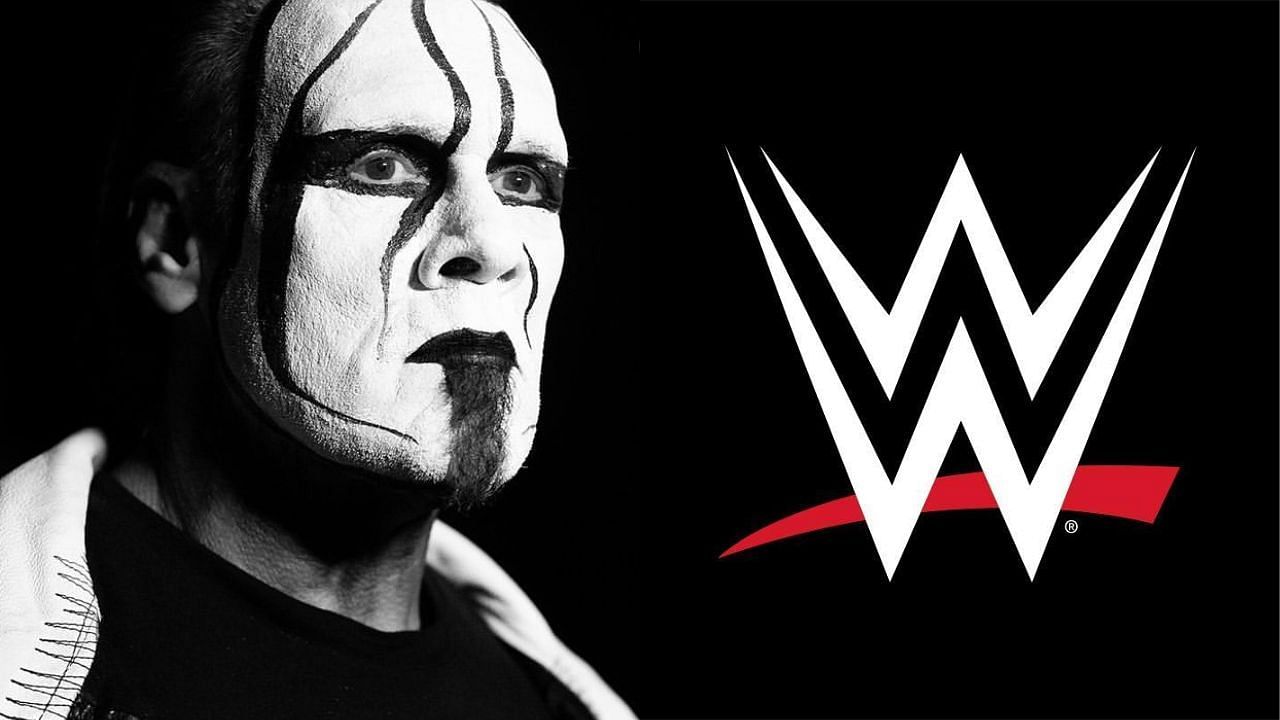 Sting (left) and WWE logo (right)