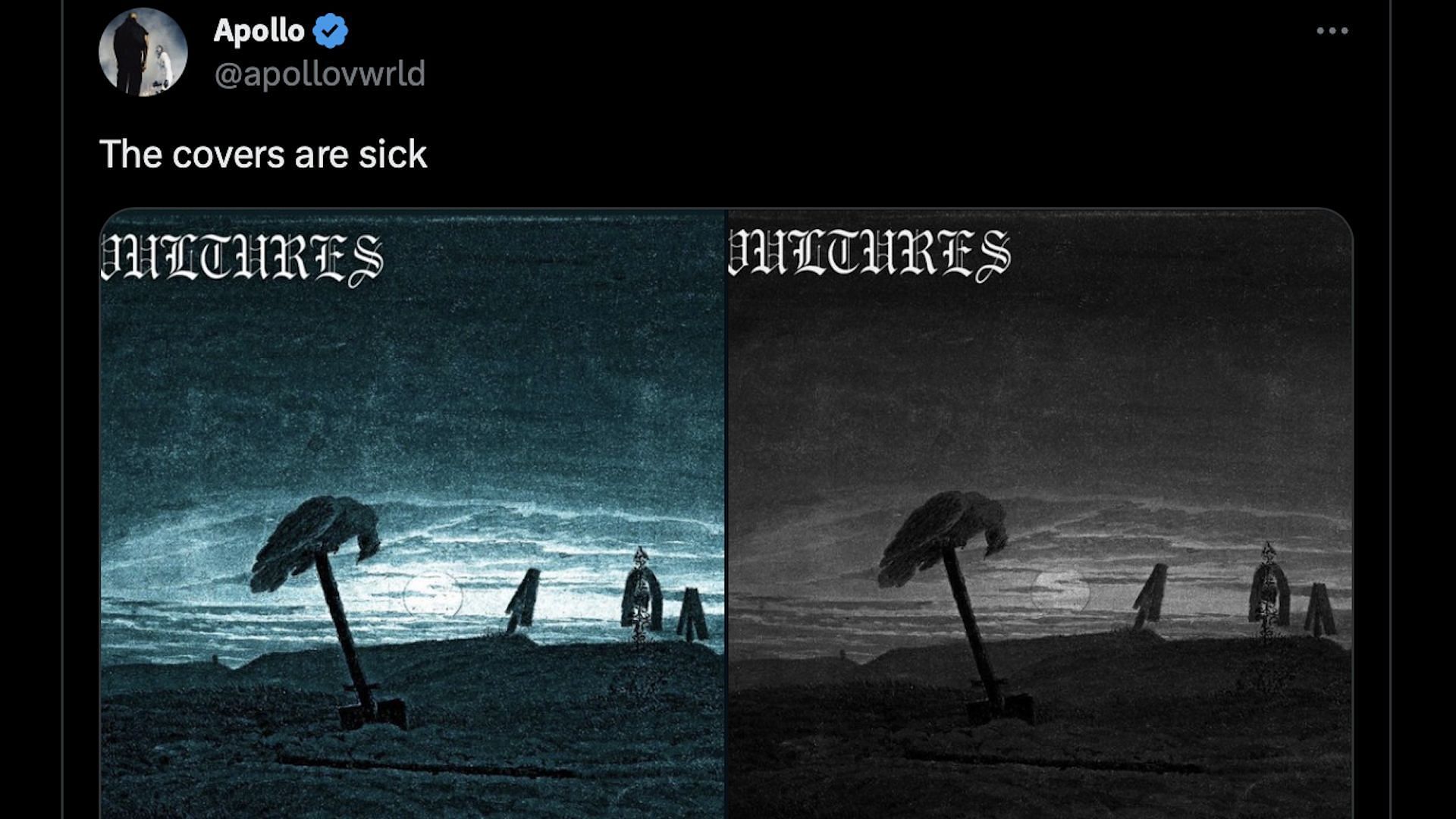 A fan reacts to the two new album covers for &#039;Vultures&#039; (Image via X/@Rap)