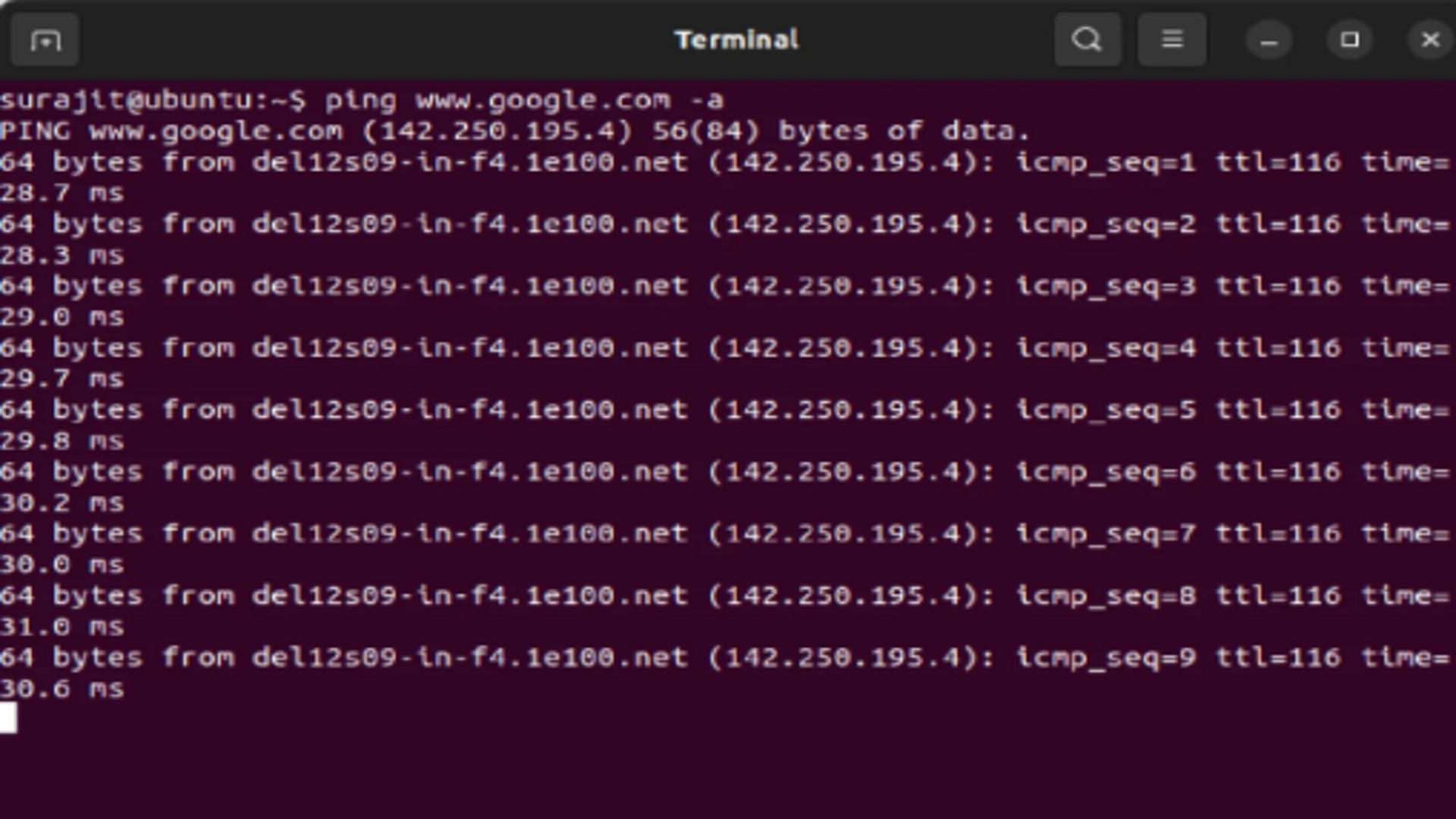 ping command (Image via Ubuntu)