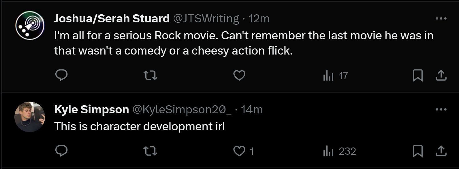 A tweet reply to Discussing Film&#039;s post about The Rock (Image via X)