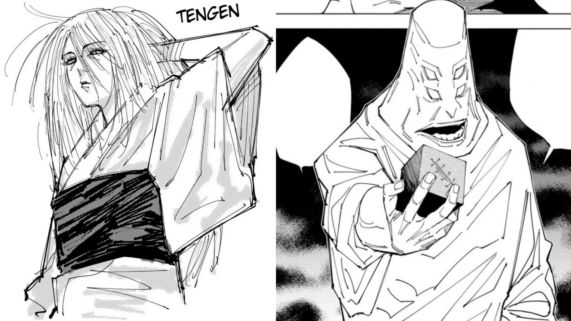 Tengen&#039;s human form (left) and present form (right) (Image via Gege Akutami/Shueisha)