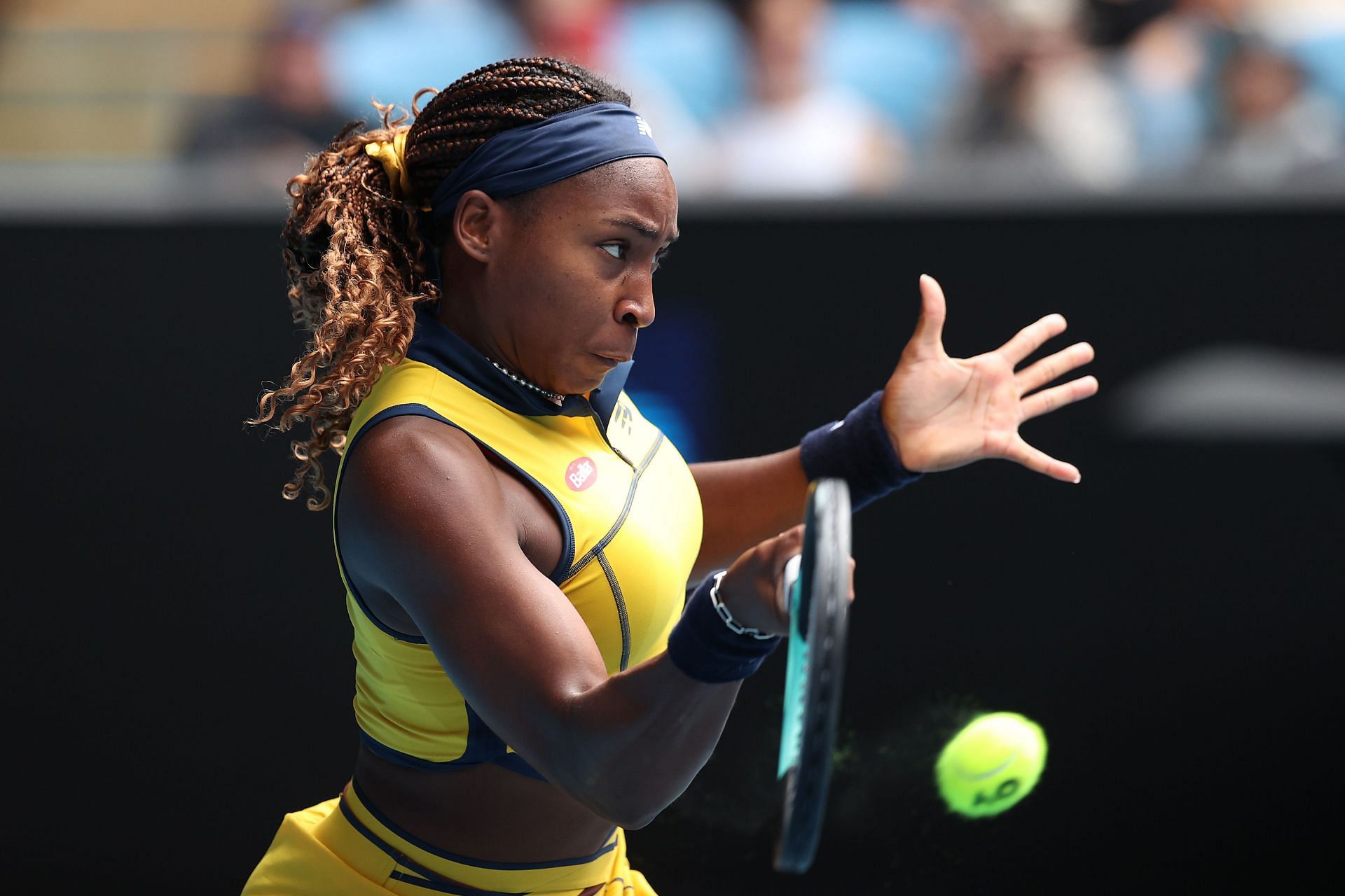 Coco Gauff hits a forehand at the 2024 Australian Open.