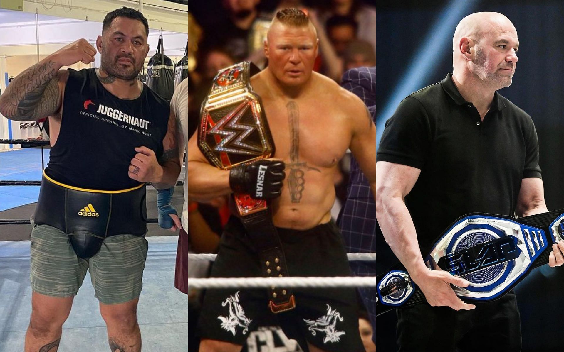 Mark Hunt (left) blasts Brock Lesnar (middle) and Dana White (right) for their legal troubles [Images courtesy @markhuntfighter74 and @danawhite on Instagram and @HeymanHustle on X]