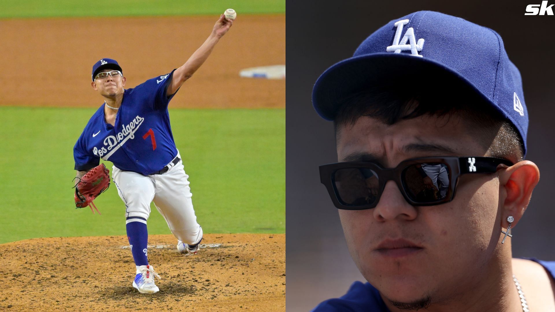 Julio Urias of the Los Angeles Dodgers looks on from the dugout during a 9-0 loss to the Cincinnati Reds at Dodger Stadium