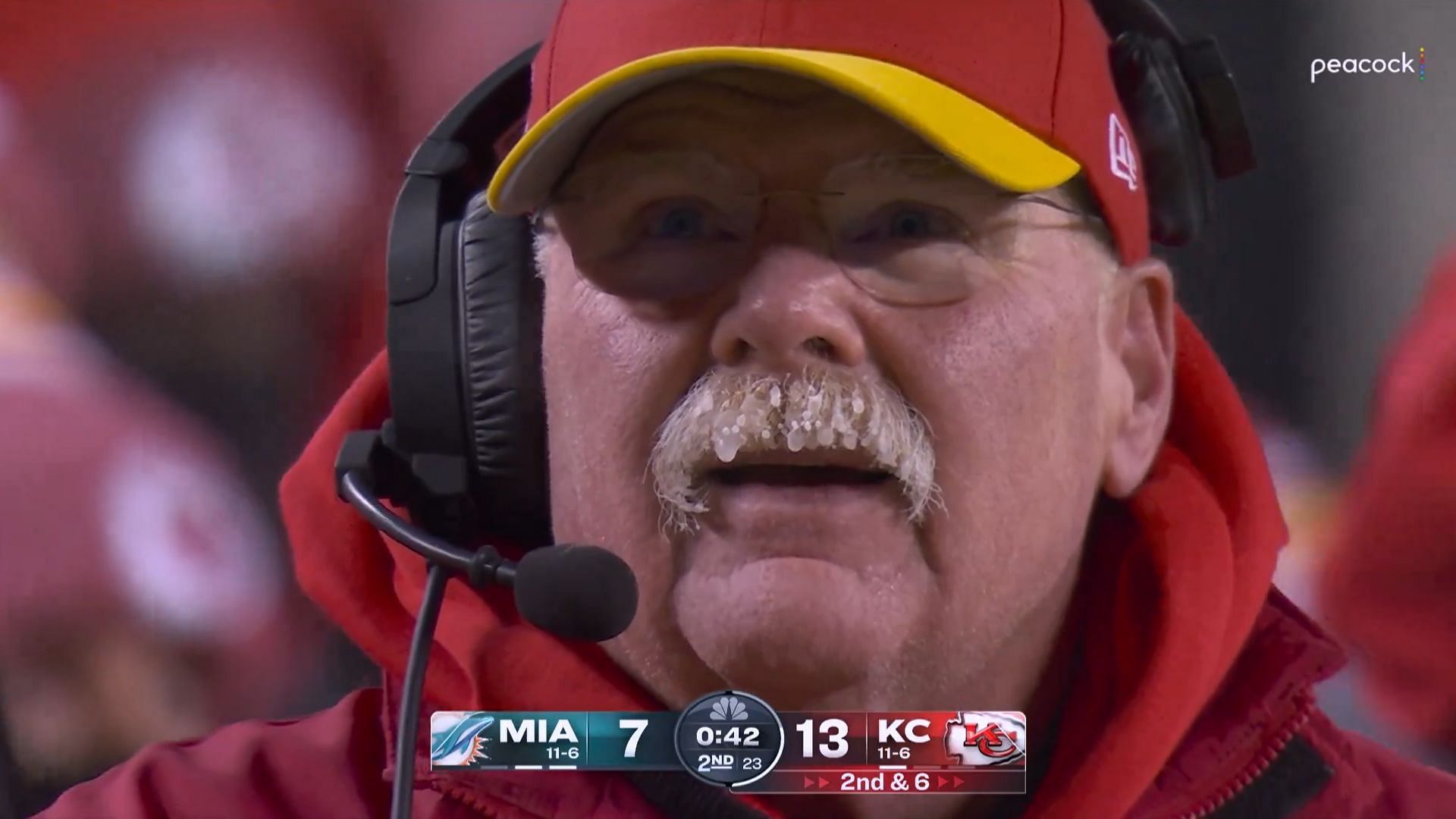 A closeup of ice forming around Andy Reid