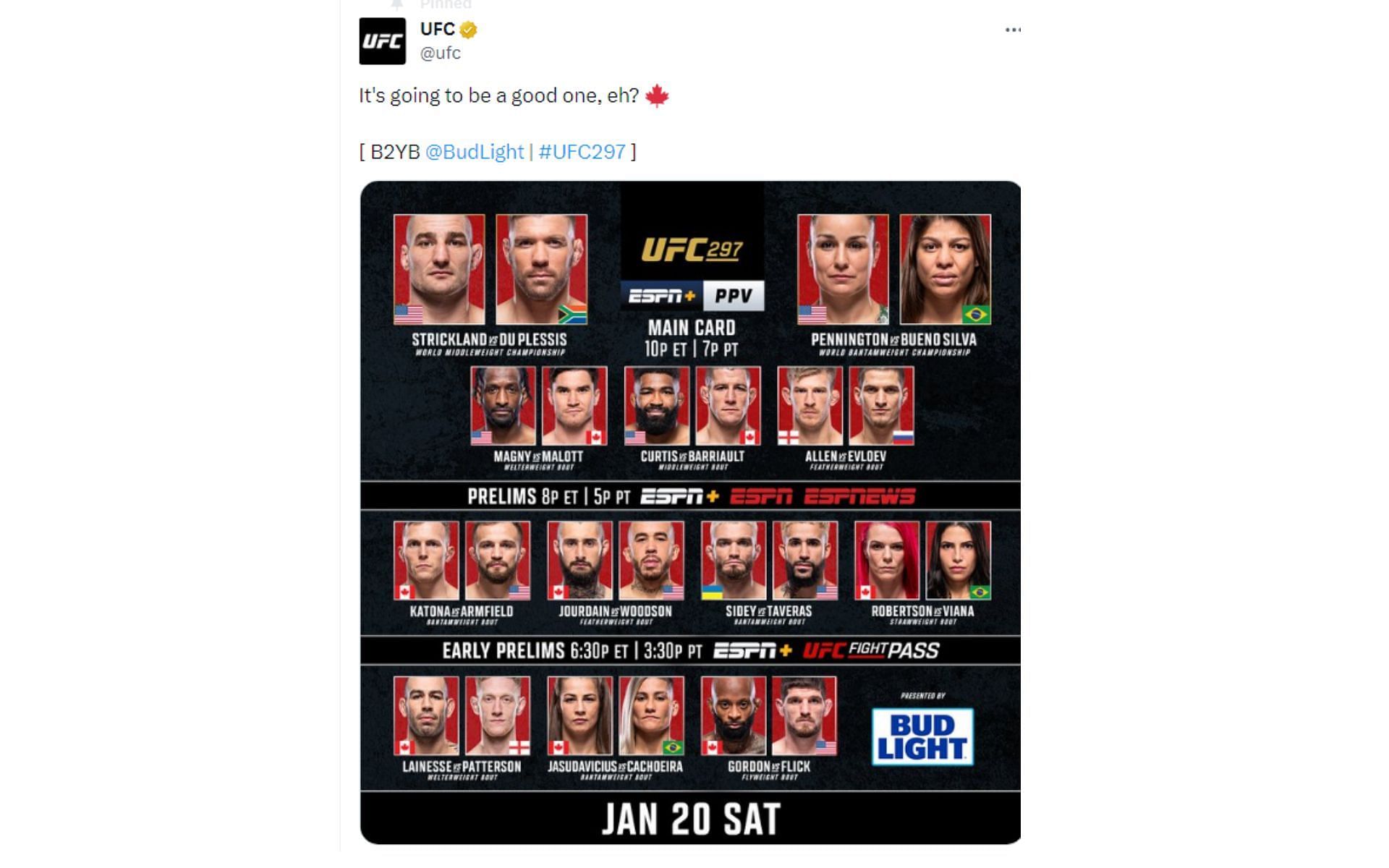 UFC 297 fight card [Image courtesy: @ufc - X]