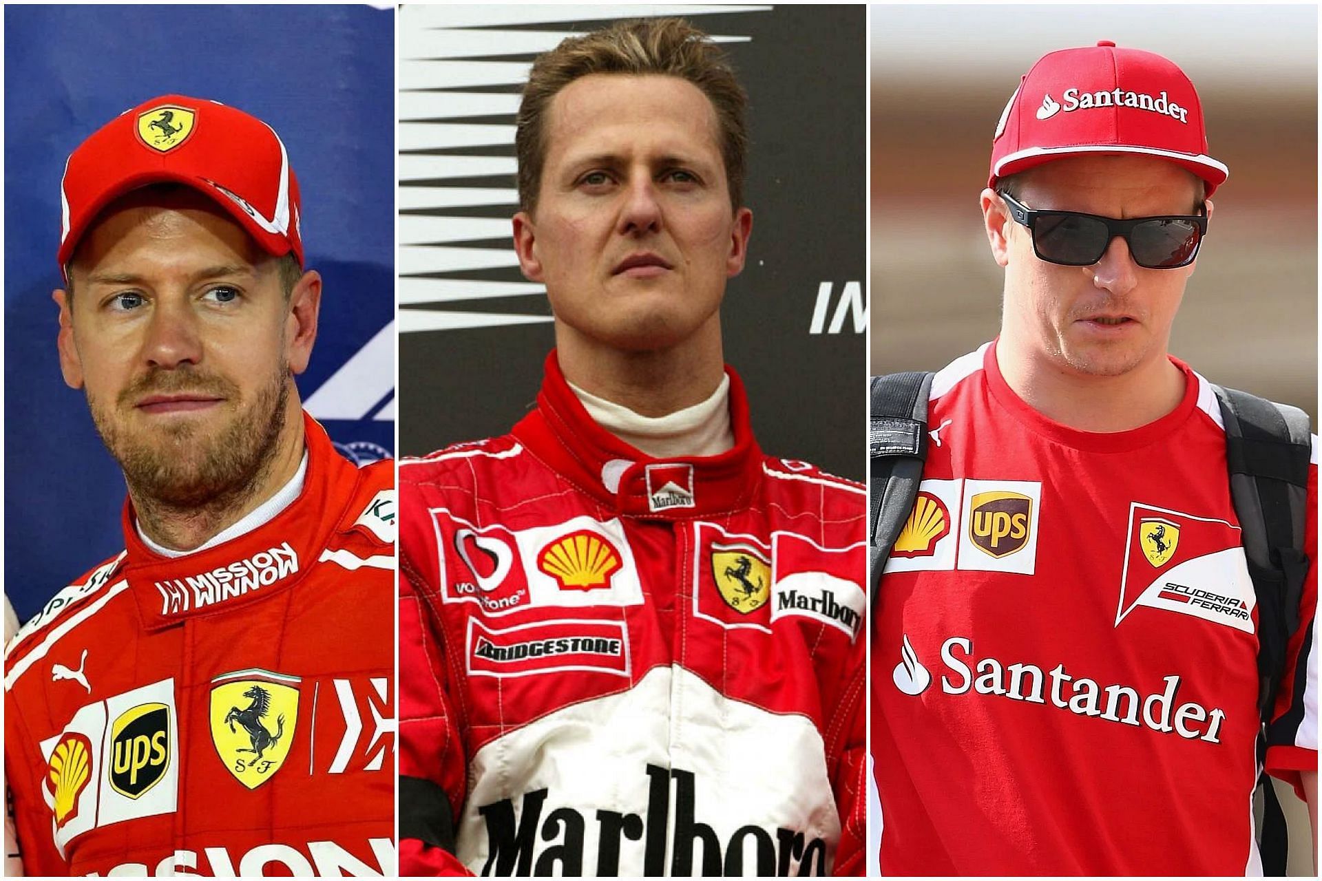 Sebastian Vettel (L), Michael Schumacher (C) and Kimi Raikkonen (R) (Collage via Sportskeeda)
