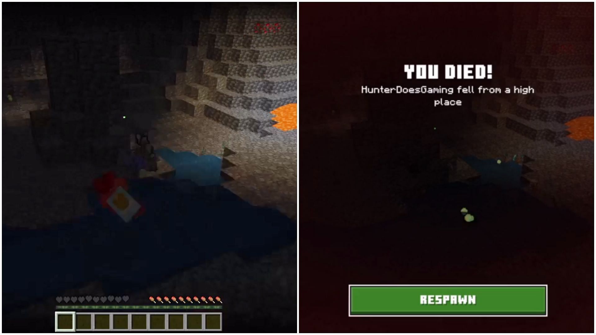 Minecraft Redditor showcases a bug where they died from fall damage while in water (Image via Reddit/HunterDoesSomething)