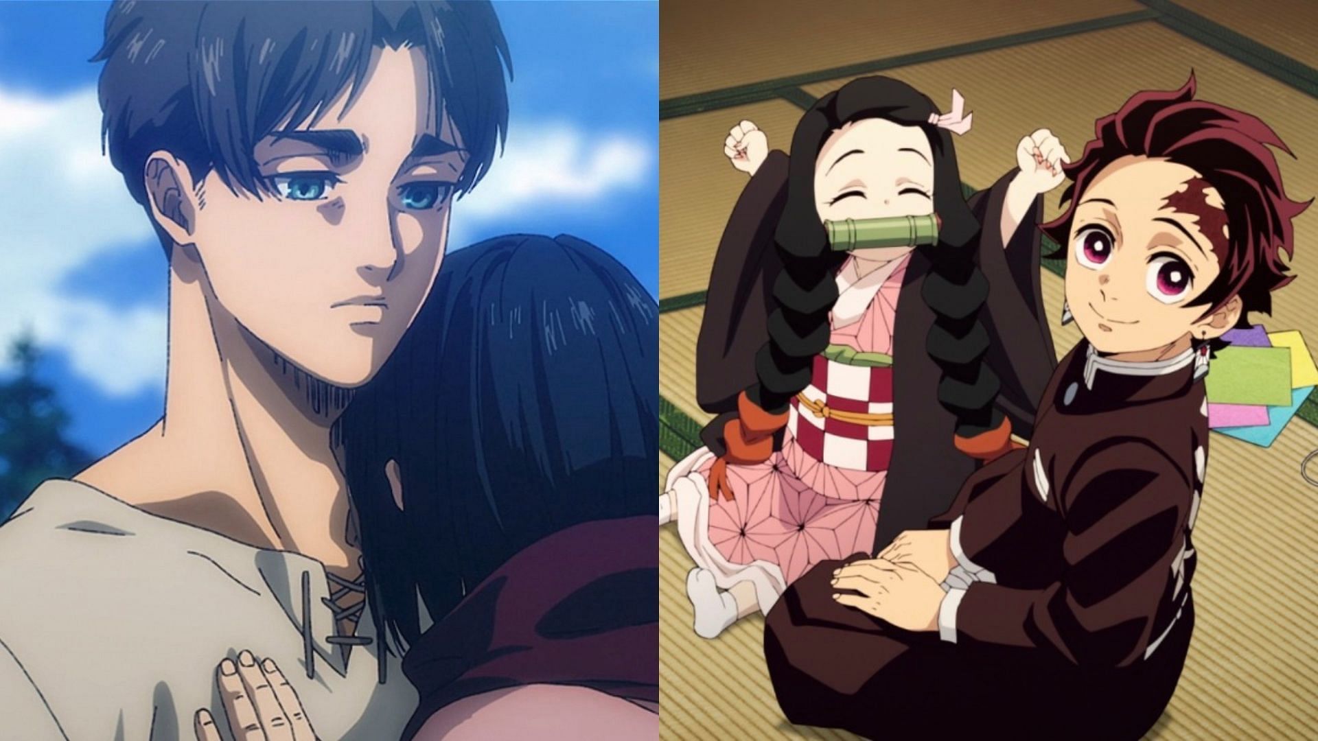 Eren, Nezuko, and Tanjiro as seen in Attack on Titan and Demon Slayer (Image via MAPPA, Ufotable)