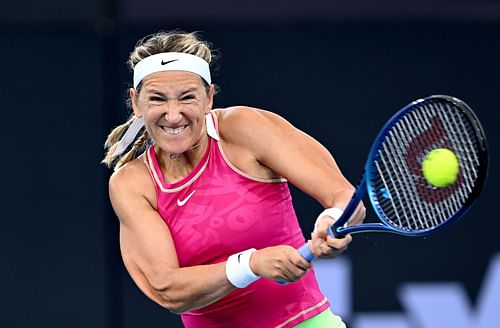 Azarenka strikes the ball at the 2024 Brisbane International