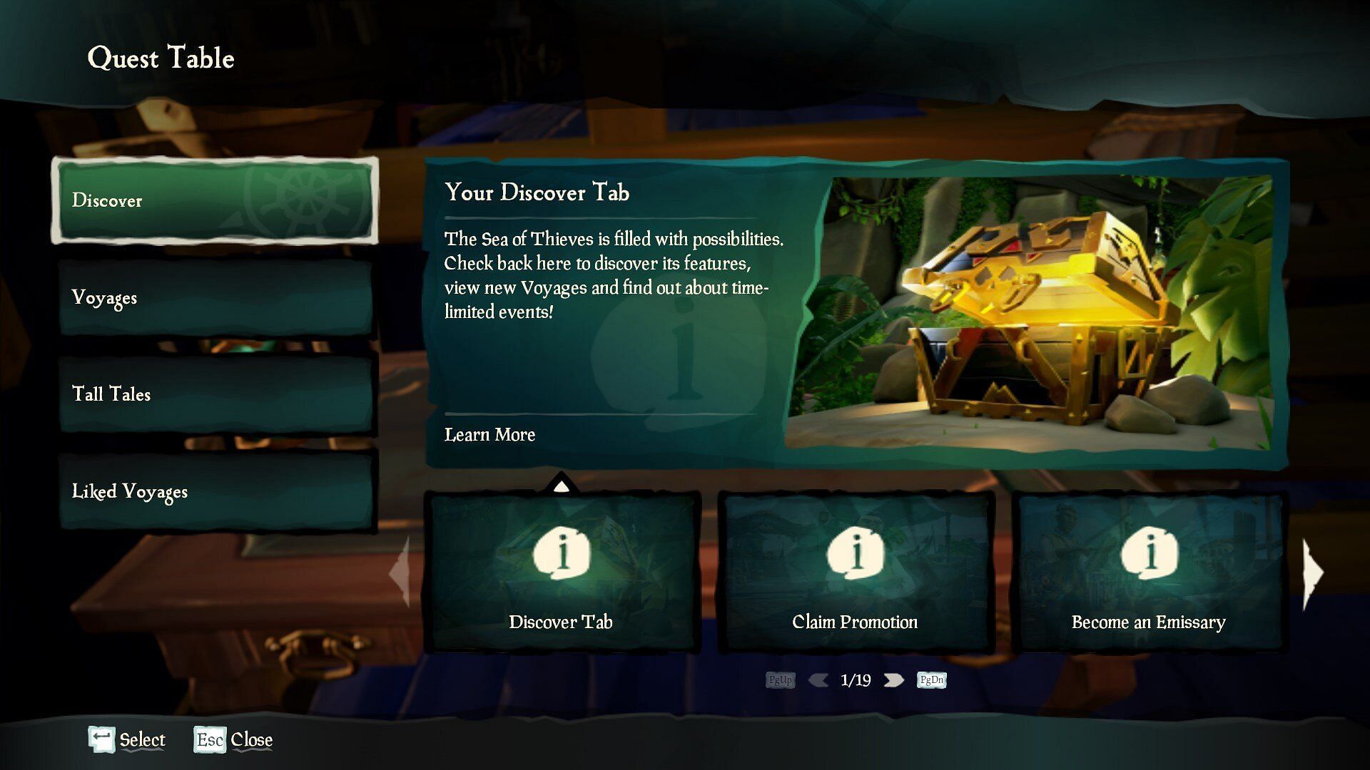 The Discover tab informs new players of features they can access. (Image via Rare)