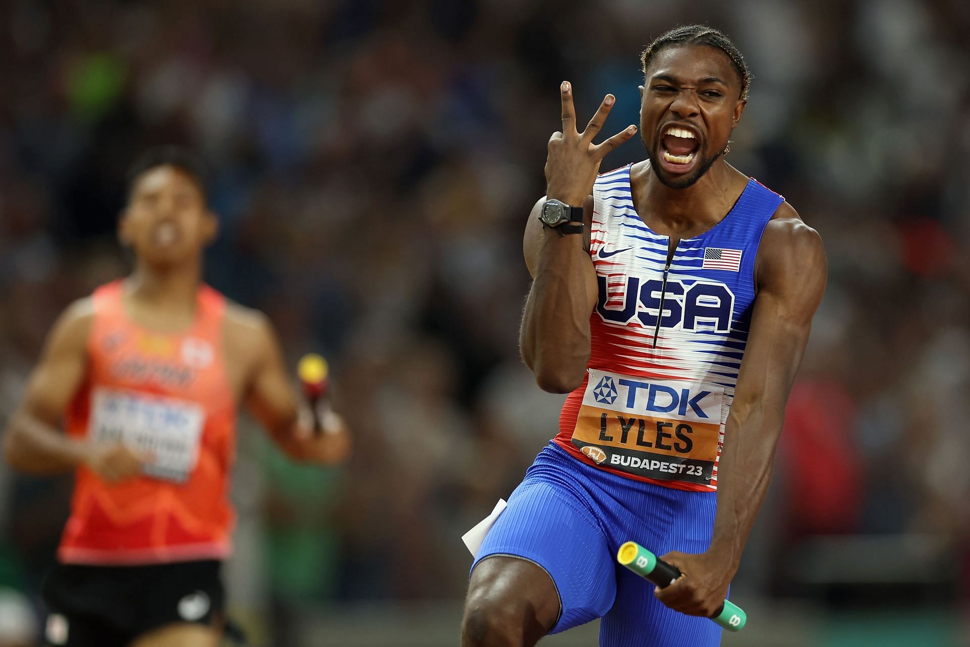 Noah Lyles after achieving a treble at Budapest 2023 (Photo by Christian Petersen/Getty Images)