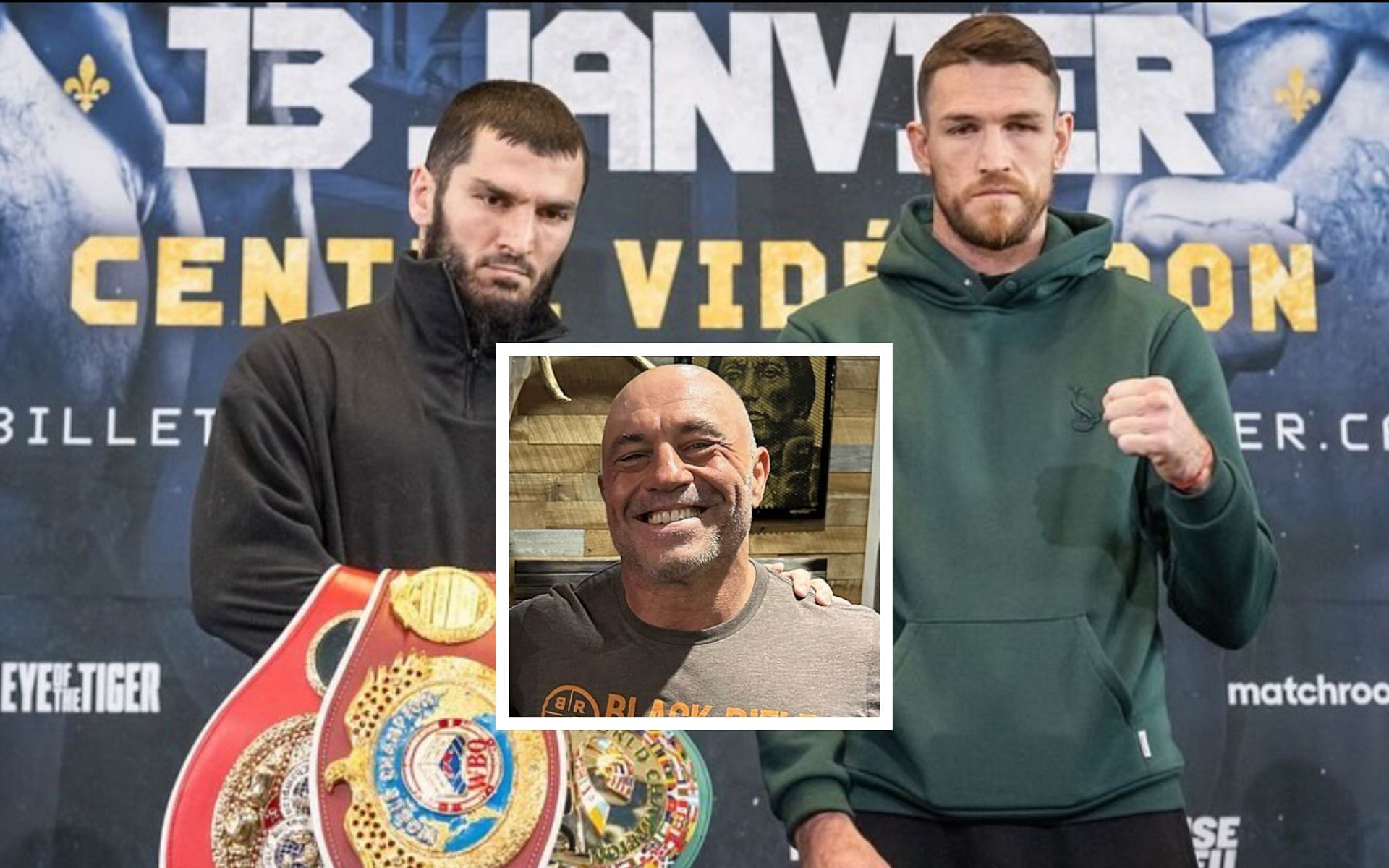 Joe Rogan (center) comments on Artur Beterbiev (left) defeating Callum Smith (right) [Photo Courtesy @arturbeterbiev and @joerogan on Instagram]