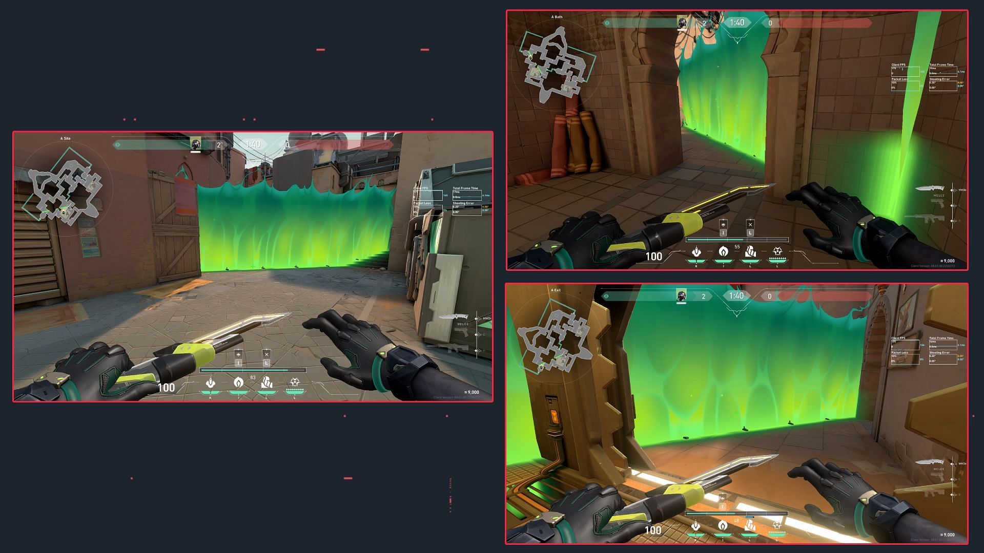 Toxic Screen covering A site plant spot, A Bath, and outside A Bath teleporter (Image via Riot Games)