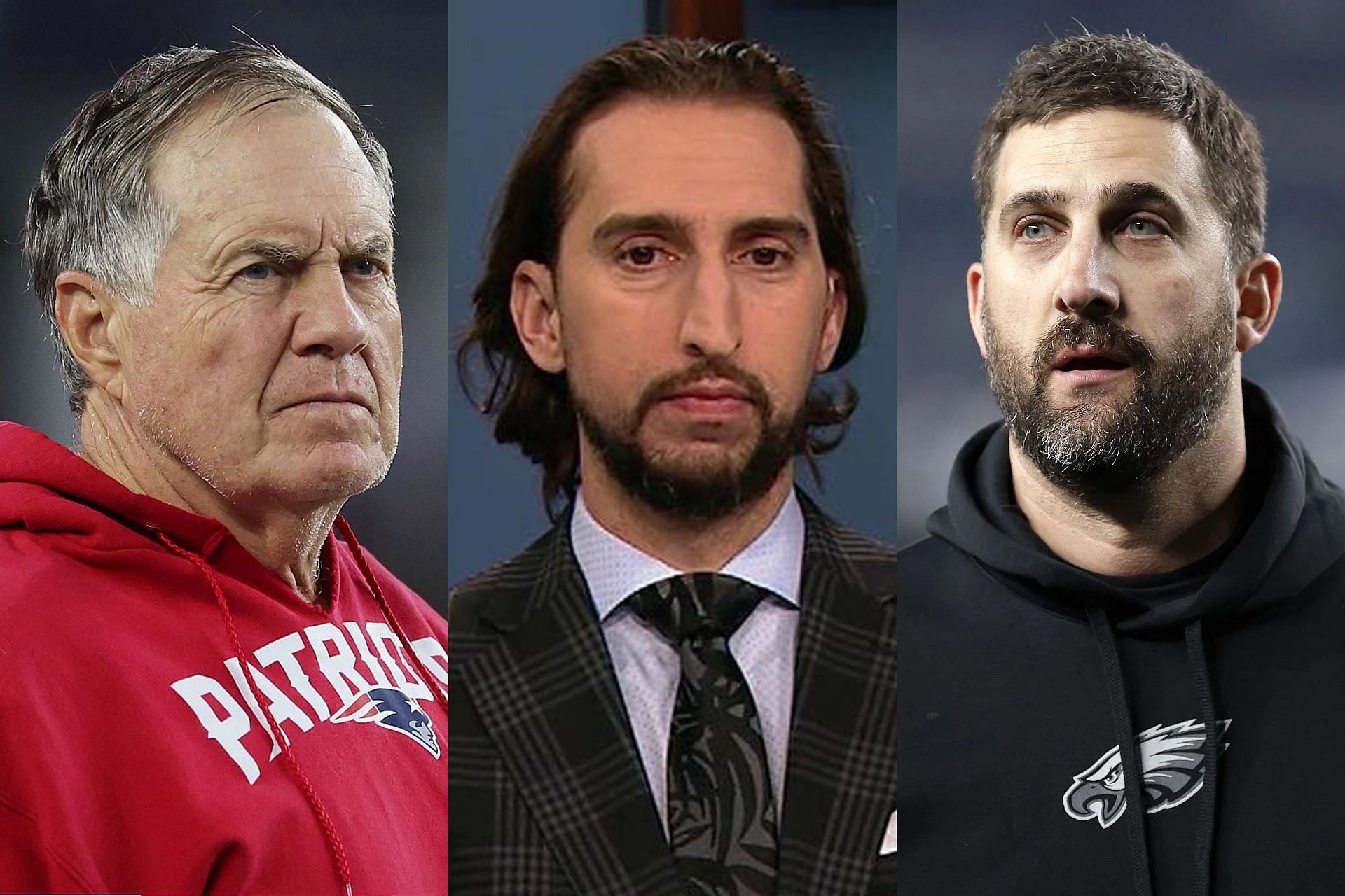 Nick Wright details why Bill Belichick to Eagles is perfect fit with Nick Sirianni facing litmus test against Buccaneers (Pic Credit: Getty Images and Facebook @FirstThingsFirstFS1)