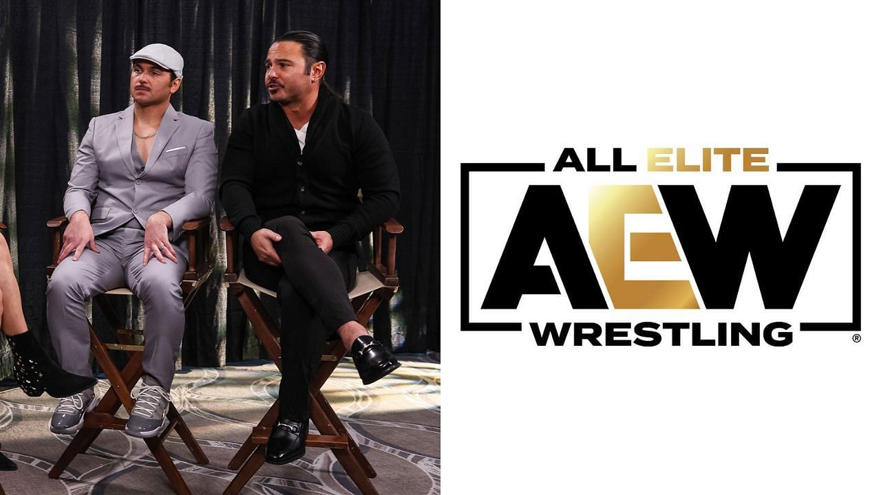 The Young Bucks (left) and AEW logo (right)