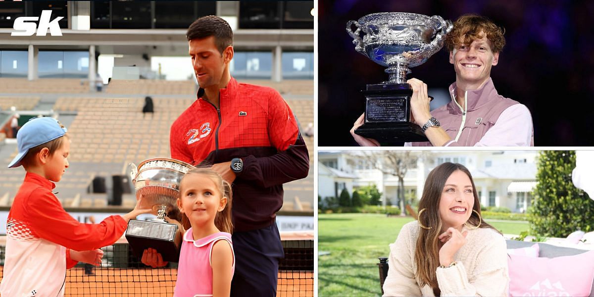 Novak Djokovic with kids (Left), Jannik Sinner (Upper right), and Maria Sharapova (Lower right)