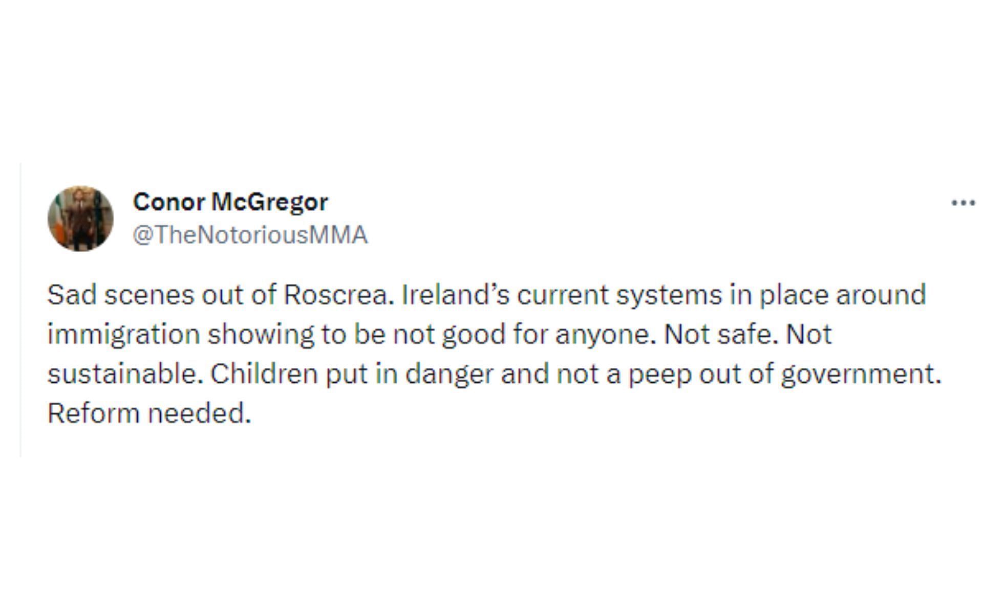 Tweet regarding McGregor&#039;s comments about Roscrea situation [Image courtesy: @TheNotoriousMMA - X]