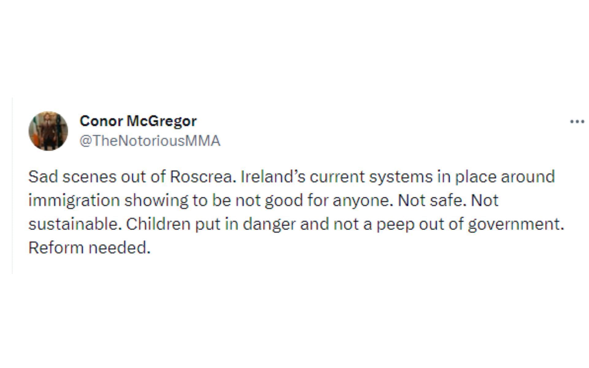 Tweet regarding McGregor's comments about Roscrea situation [Image courtesy: @TheNotoriousMMA - X]