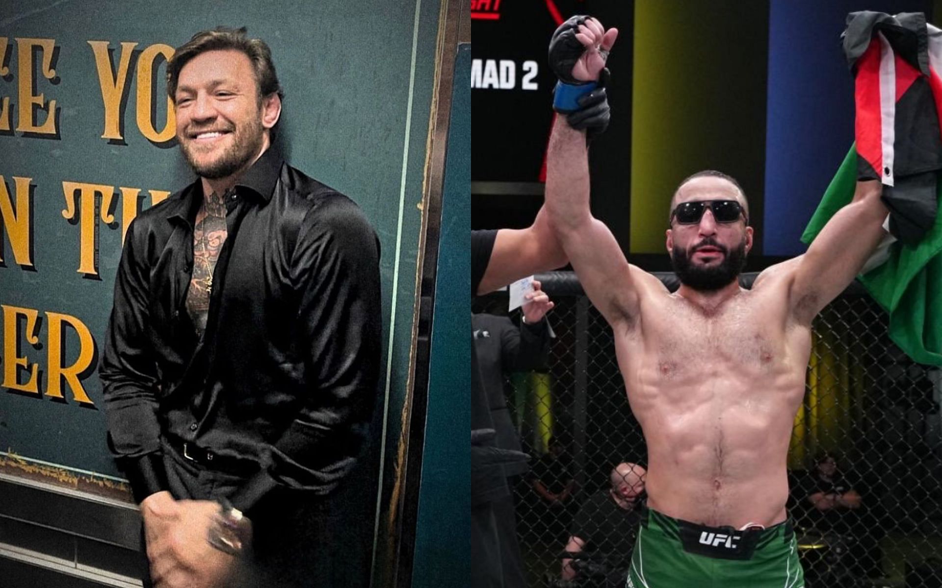 Conor McGregor (left) making fun of Belal Muhammad (right) at the UFC studio [Photo Courtesy @thenotoriousmma on Instagram and @bullyb170 on X]