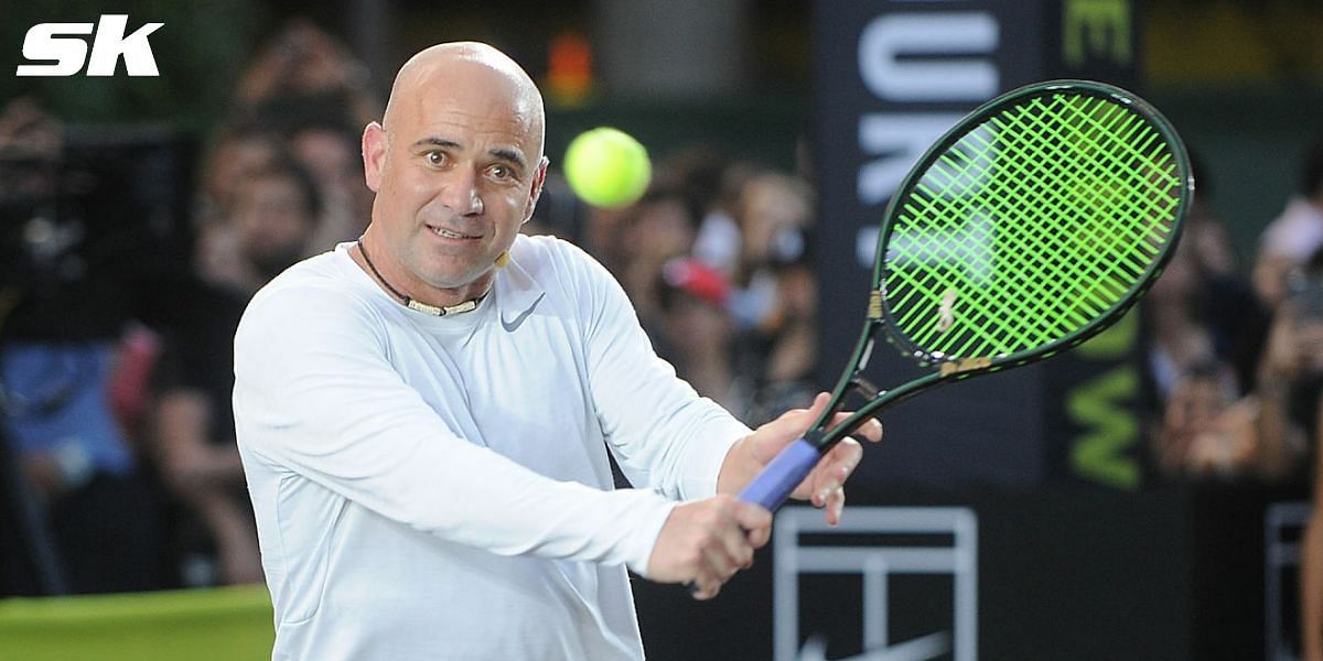 Andre Agassi makes year-long return to tennis court with his powerful backhand