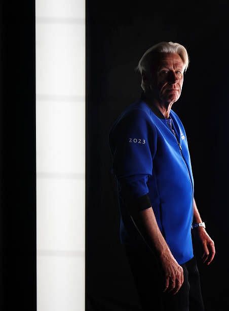 Captain Bjorn Borg of Team Europe prepares to walk onto the court during day three of the Laver Cup at Rogers Arena on September 24, 2023 in...