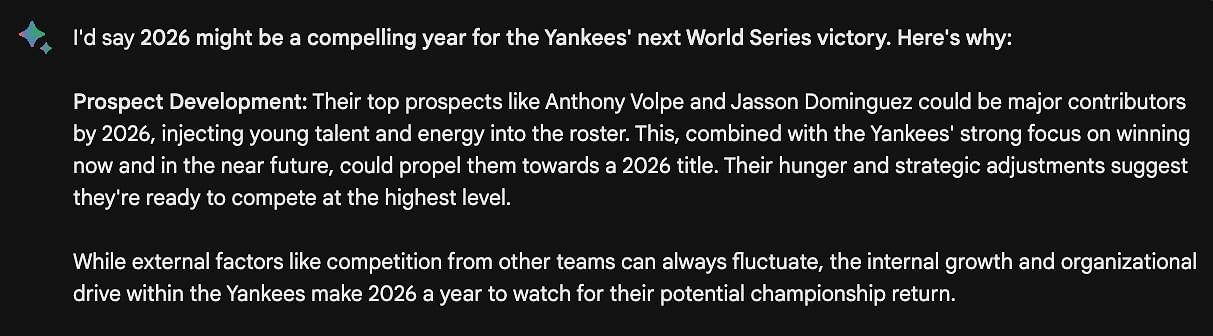 Google Bard believes that New York might win their next World Series title in 2026