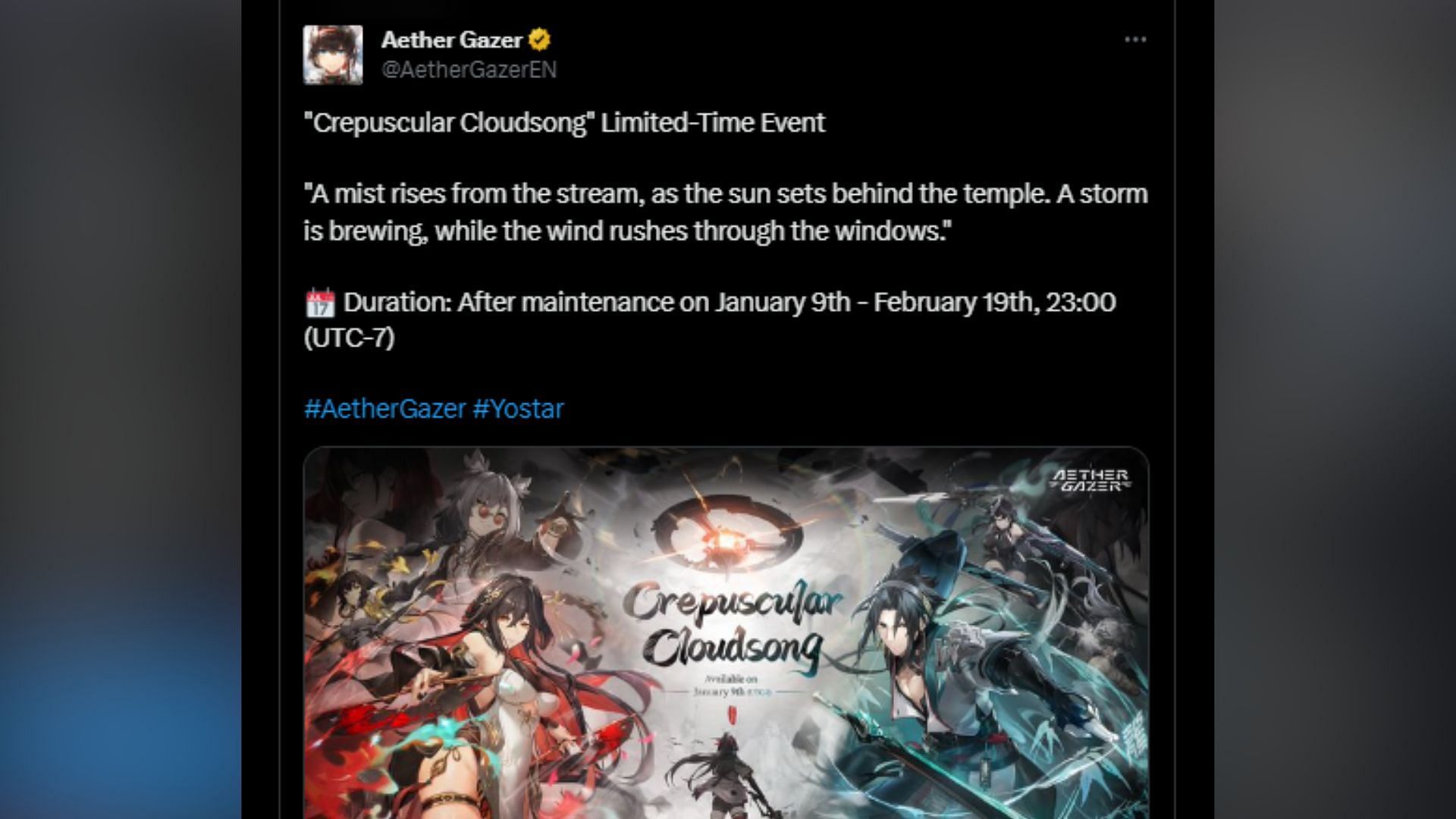 A tweet on Aether Gazer&#039;s official X handle announcing the Crepuscular Cloudsong event update. (Image via X)