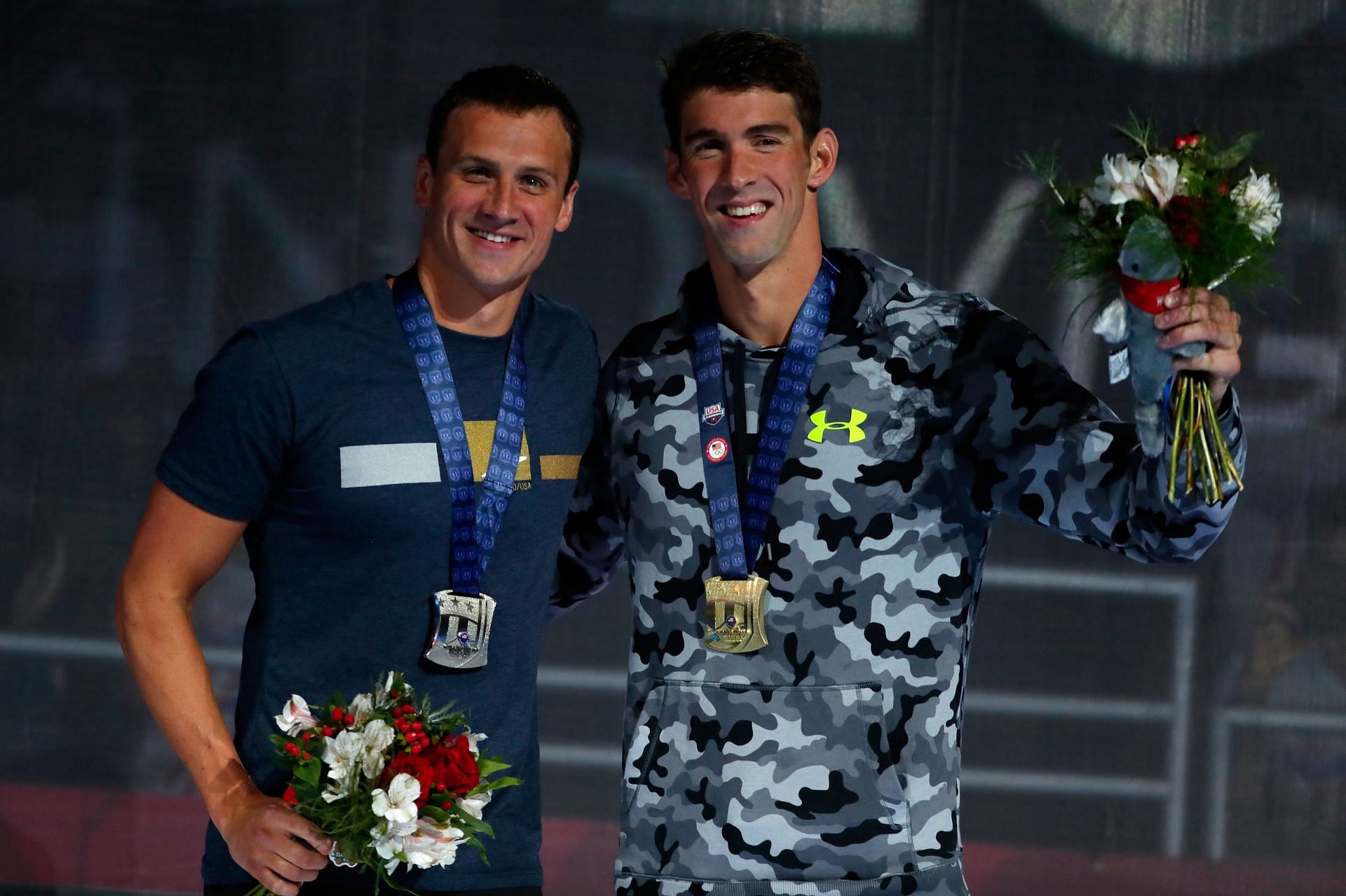 Michael Phelps (R) and Ryan Lochte (L) pictured at the 2016 U.S. Olympic Team Swimming Trials.