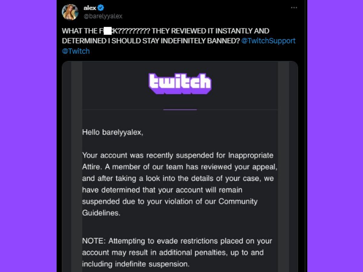 Streamer shares Twitch&#039;s review of her appeal (Image via X)