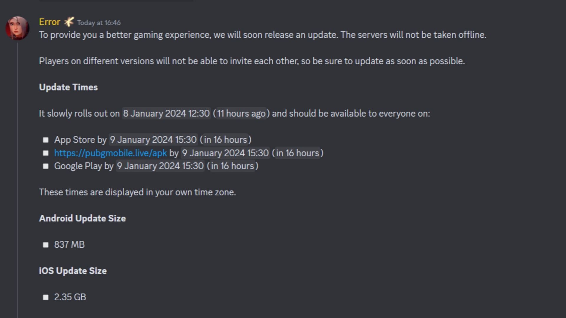 Official announcement highlighting the 3.0 update schedule and size in IST (Image via official Discord server)