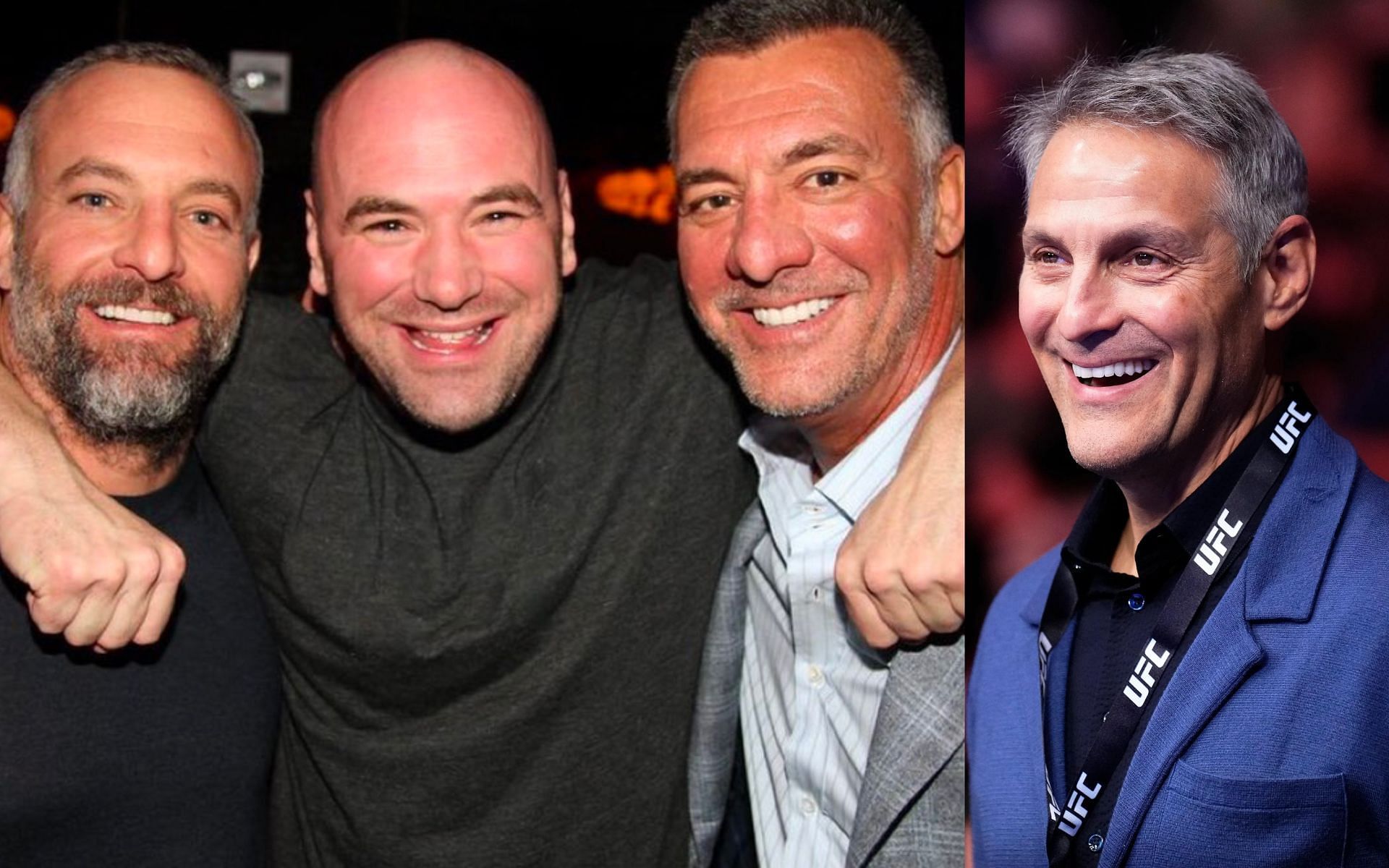 Ari Emanuel (right) purchased the UFC from the Fertitta brothers and Dana White (left) [Photo Courtesy of Getty Images and @mmahistorytoday on X]