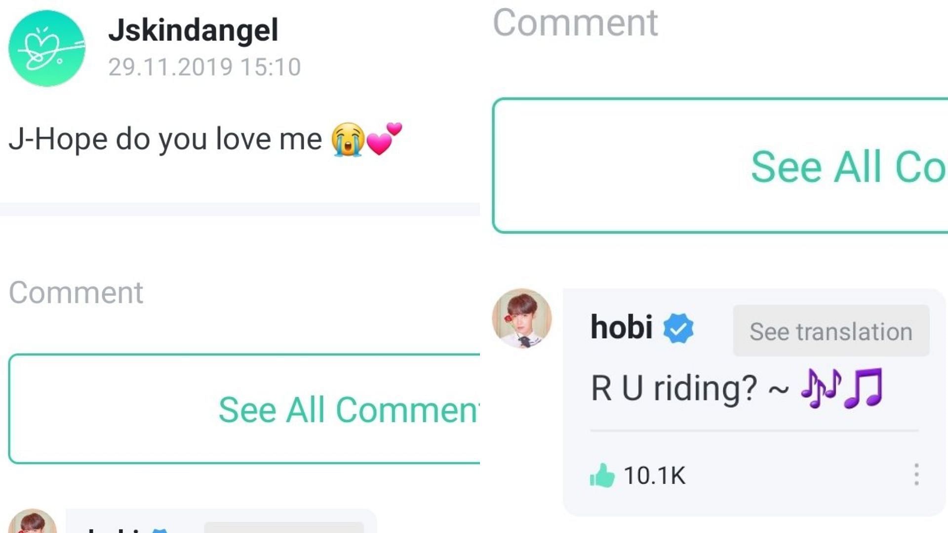 Hobi&#039;s funny Weverse comment resurfaces (Image via Twitter/mhereonlyforbts)