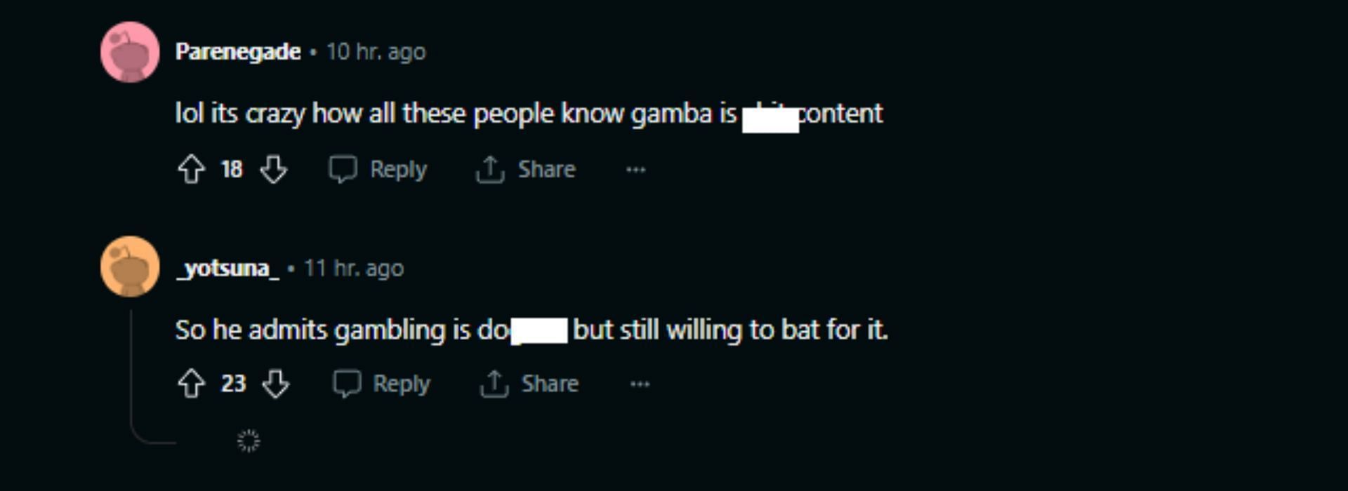 Some Redditors mocked gambling streams, calling them poor content (Image via Reddit.com)