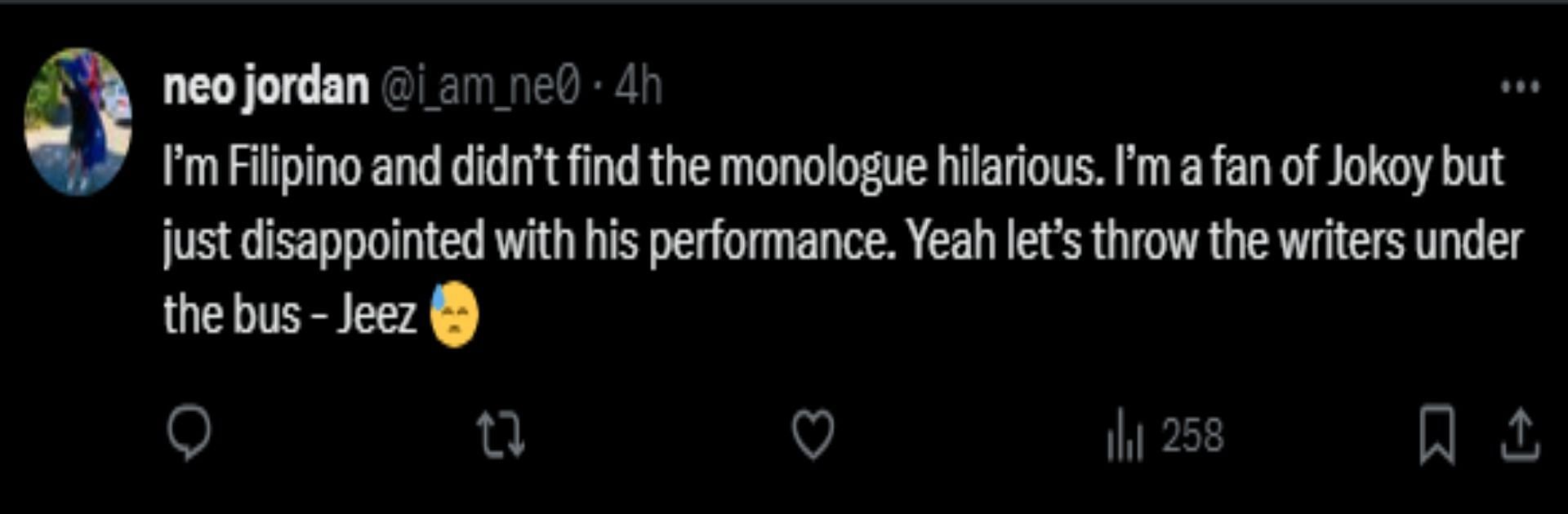 A tweet reply to the Golden Globes 2024 post about Jo Koy&#039;s monologue (Image via X)