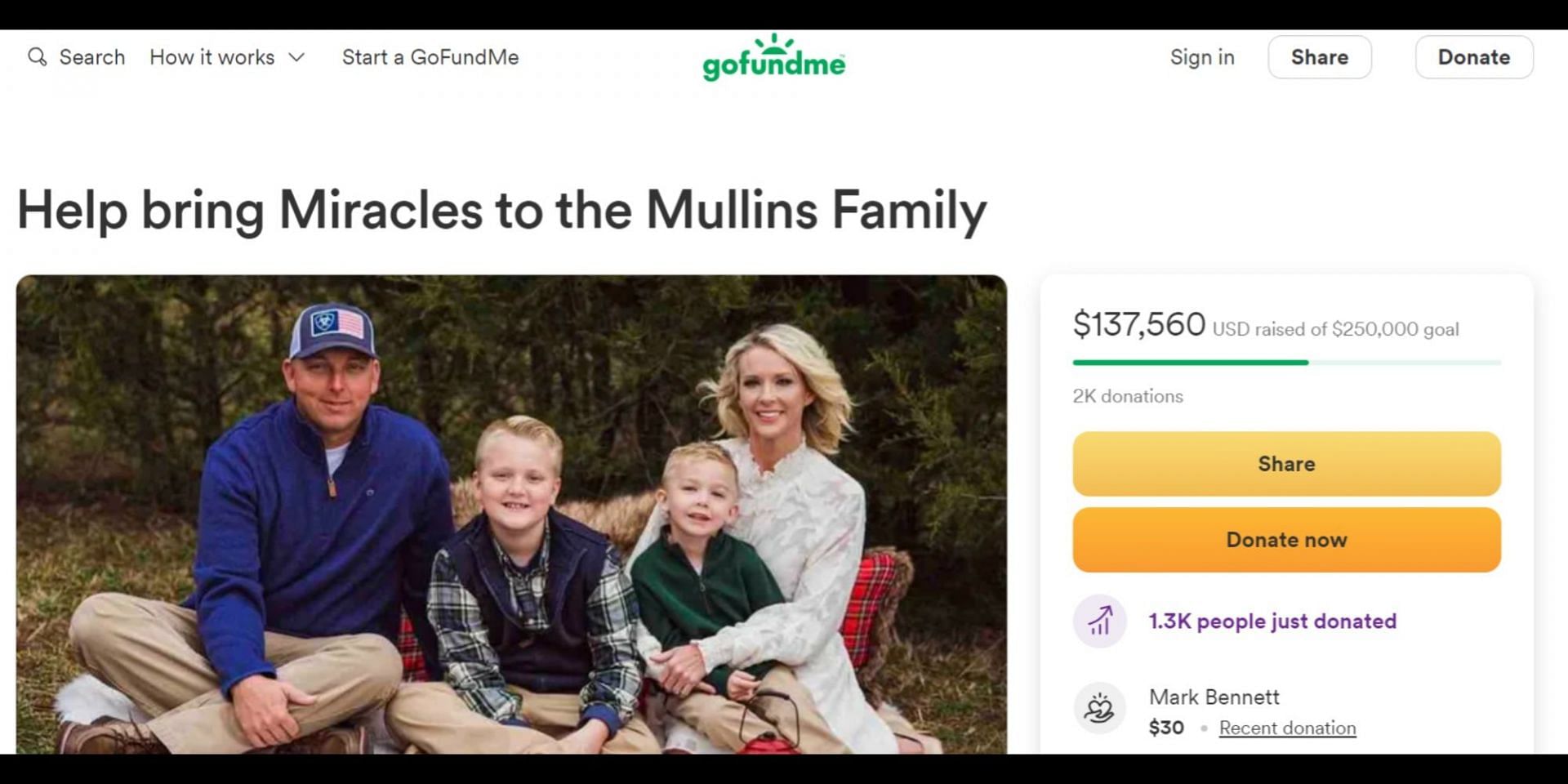 The Mullins family&#039;s GoFundMe (Image via GoFundMe)