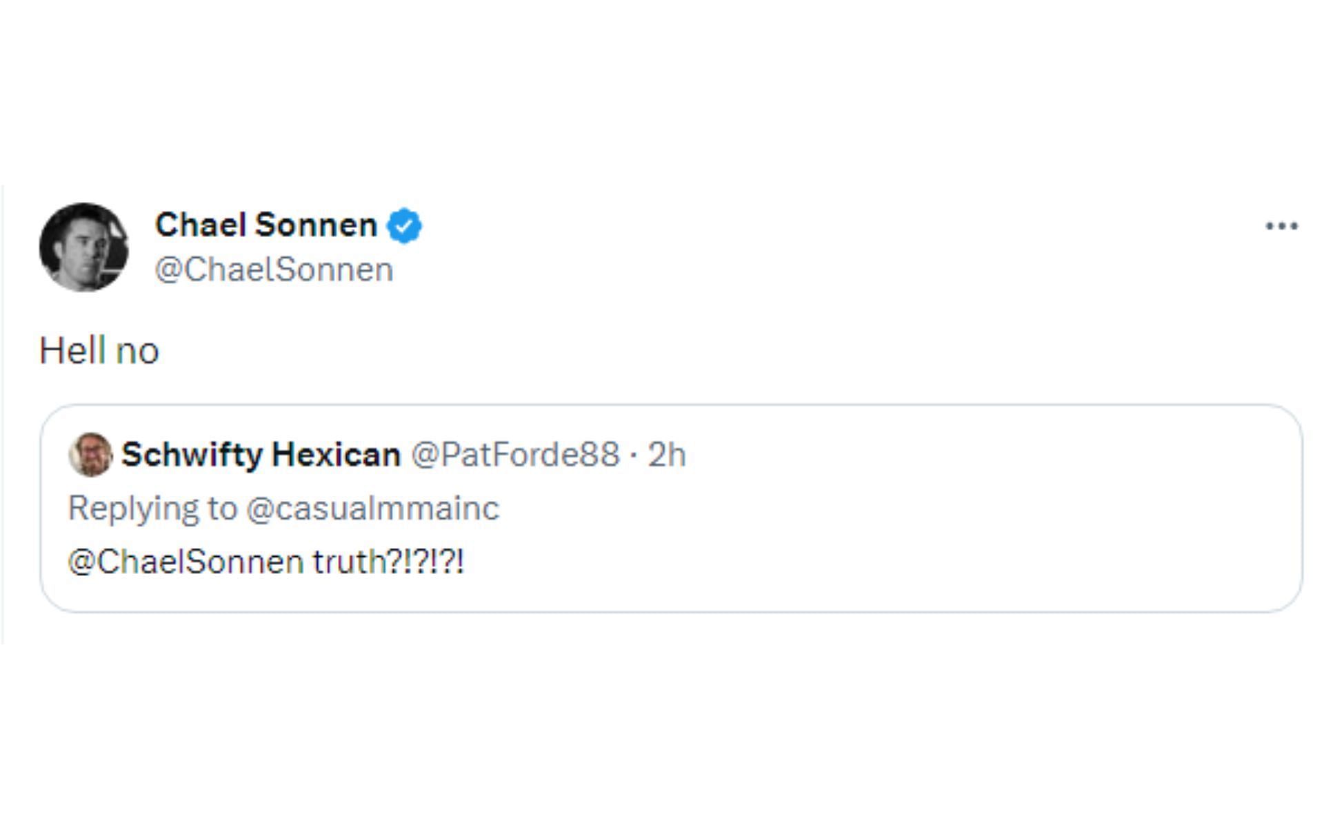 Sonnen&#039;s tweet responding to the claim of Chandler vs. McGregor for the 165-pound title [Image courtesy: @ChaelSonnen - X]