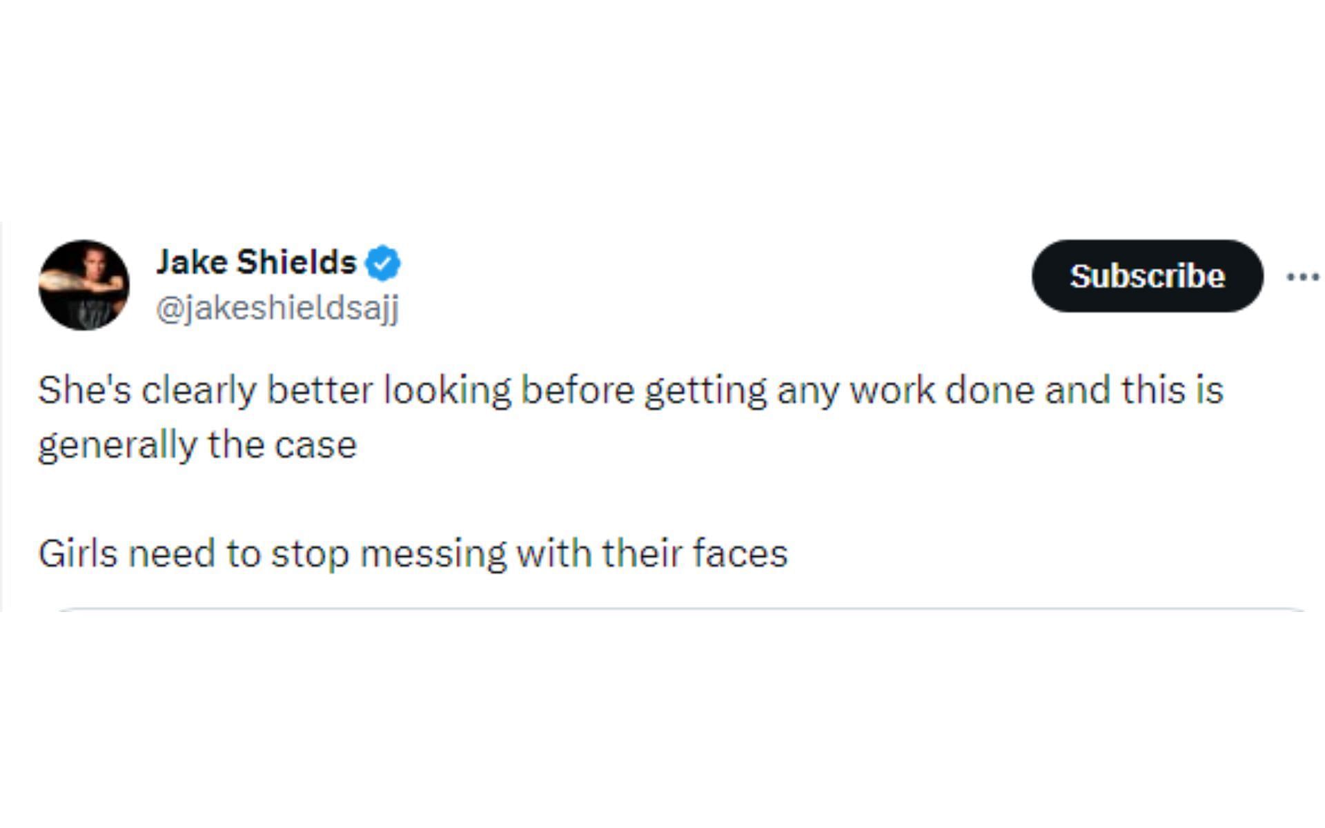 Shields' reaction tweet [Image courtesy: @jakeshieldsajj - X]